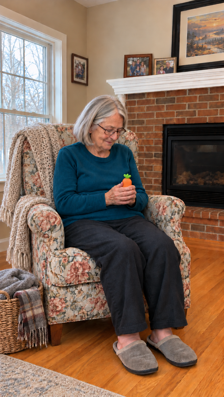 Holding a Cozy Carrot hand warmer at home